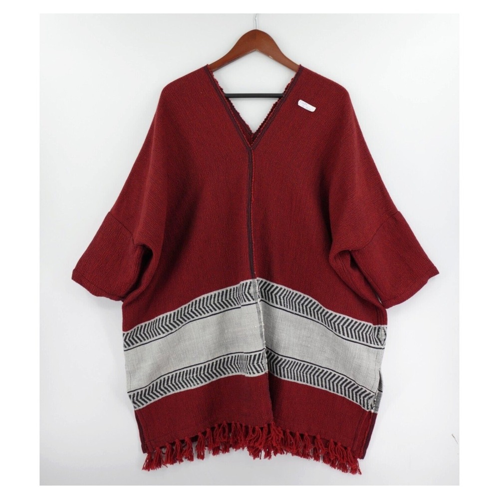 Lemlem by Liya Kebede Handwoven Wool Poncho One Size Rust Red White Art to Wear‎